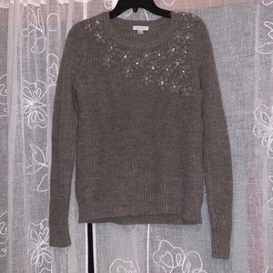 Garnet Hill alpaca wool blend gray sweater with silver floral embellishments